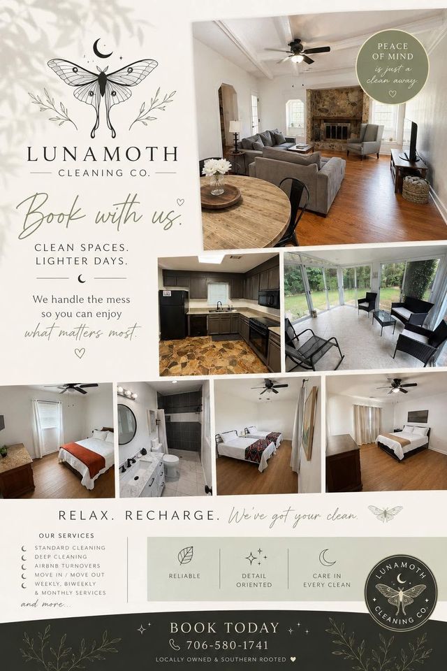 Promotional flyer for Luna Moth massage therapy, showing a cozy treatment room and booking details